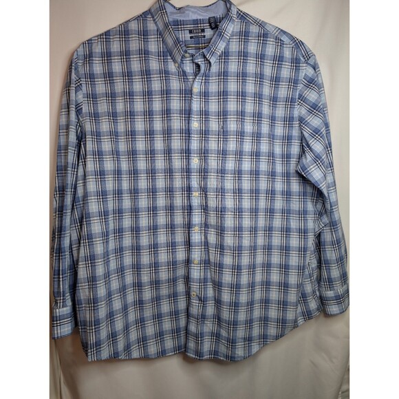 IZOD-Mens Long Sleeve Button Down Shirt-4XL XXXXL-Blue Plaid-Casual-100% Cotton - Picture 1 of 8